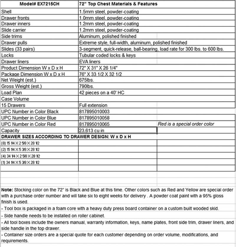 EX7215CH Top Toolchest Specs